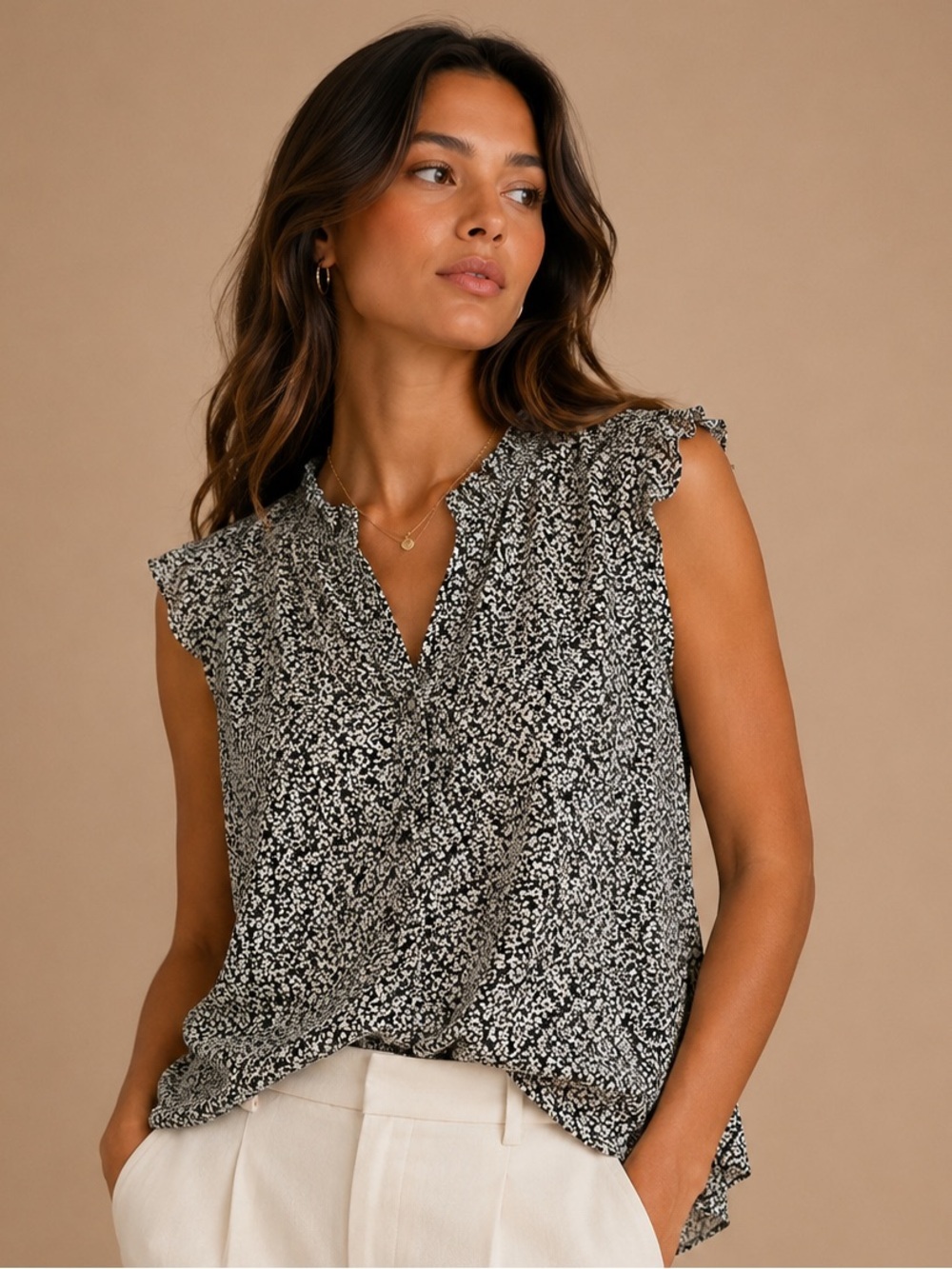 Faherty Floral Sleeveless Ruffle Neck Blouse Lightweight Boho Top XL